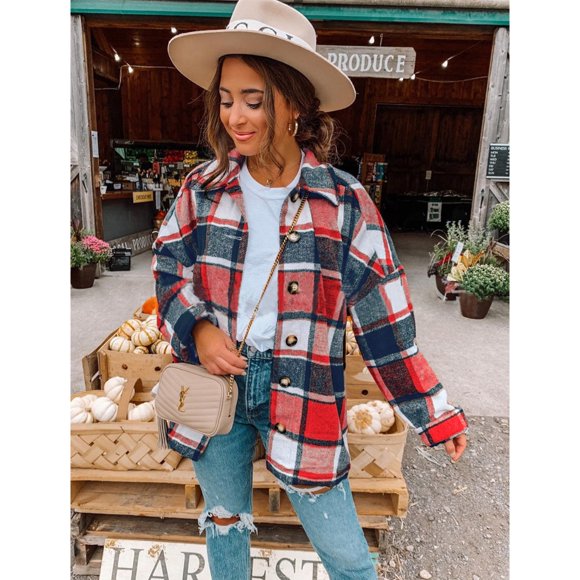 Tralilbee New Women's Temperament Commuter Fashion All-Match Long-Sleeved Lapel Loose Women's Plaid Shirt Mid-Length Coat