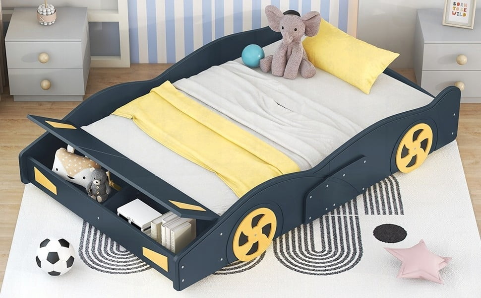 Full Size Dark Blue+Yellow Race Car-Shaped Platform Bed with Wheels and Storage