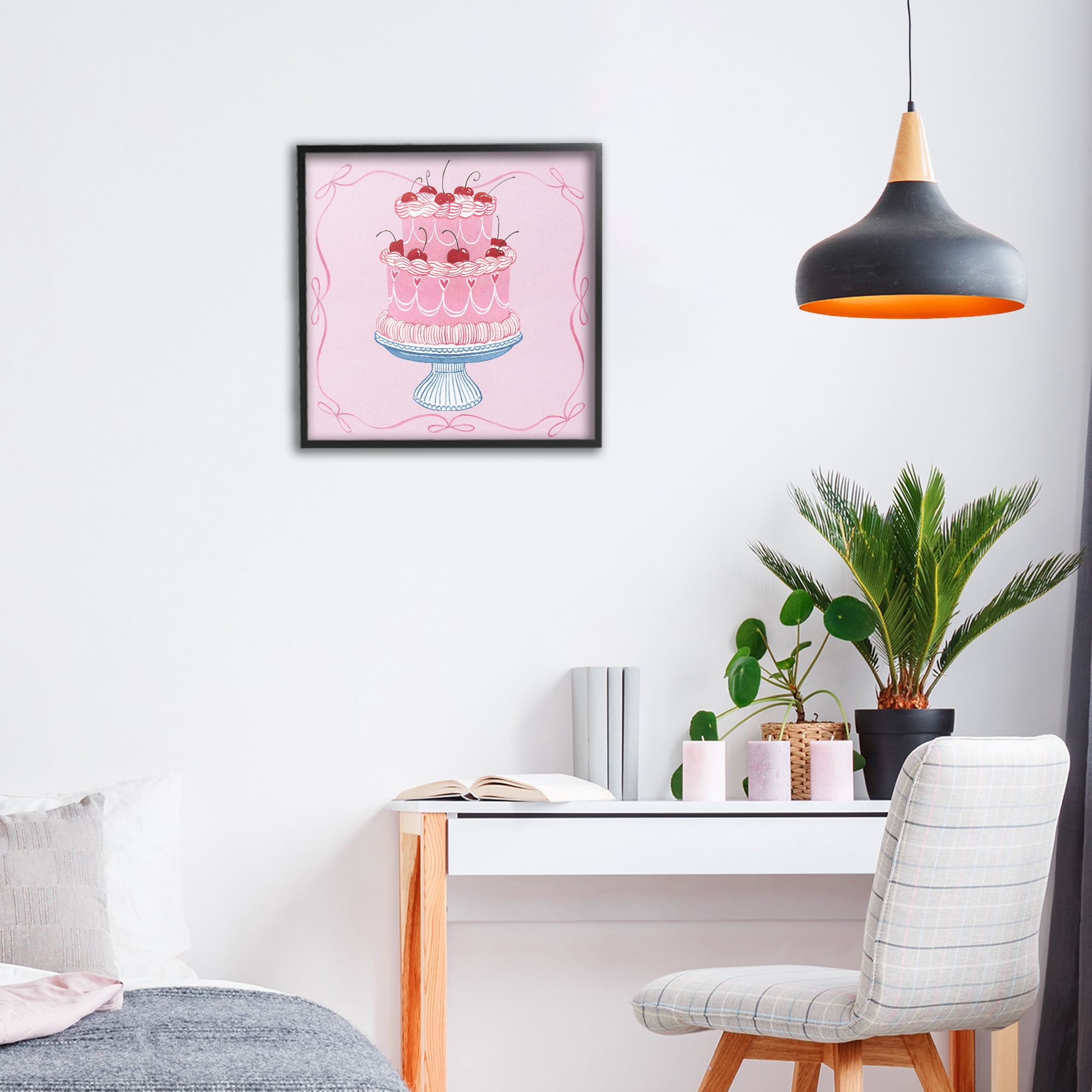 Stupell Industries Romantic Pink Cherry Cake Black Framed Giclee Art, design by Grace Popp