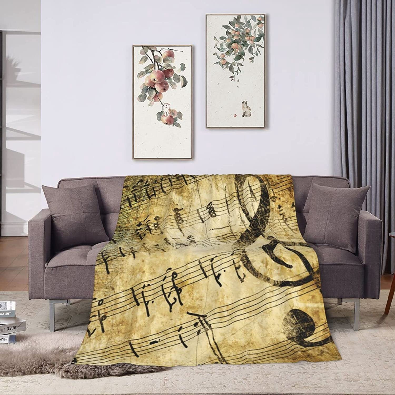 Vintage Music Musical Note Throw Blanket Super Soft Warm Bed Blankets for Couch Bedroom Sofa Office Car, All Season Cozy Flannel Plush Blanket for Girls Boys Adults, 50"X40"