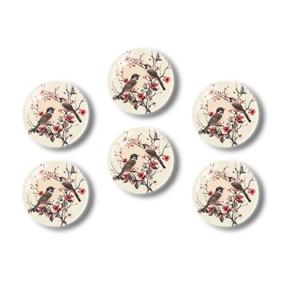 Glass Refrigerator Magnet 6Pcs Magnetic Fridge Sticker,Decor for Kitchen,Whiteboard,Cabinet,Birds Perched On Blossoming Branches