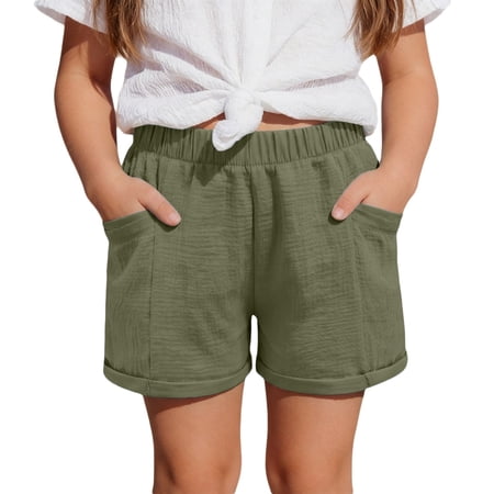PRfgtbd Girls Shorts Fashion Casual Solid Color Loose Fit Summer Shorts Comfortable Elastic Waist Pull On Shorts Soft Beach Pants 5-6 Years