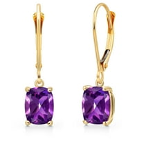 Gem Stone King 14K Yellow Gold Purple Amethyst Earrings for Women | 1.80 Cttw | Gemstone February Birthstone | Cushion 7X5MM