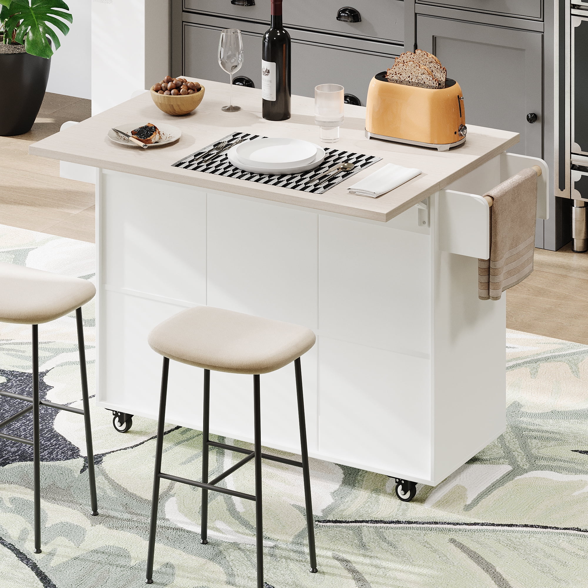 Leumius Kitchen Island with Trash Can Storage Cabinet, Kitchen Cart with Drop Leaf, Spice Rack, Towel Rack and Drawer, Rolling Kitchen Island on Wheels with Adjustable Shelf, White