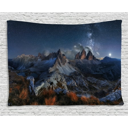 Night Tapestry, Dolomites Italy Alps Mountain Landscape with Starry Night Sky Milky Way, Wall Hanging for Bedroom Living Room Dorm Decor, 60W X 40L Inches, Dark Blue Redwood Tan, by (Best Way To Get A Dark Tan In The Sun)