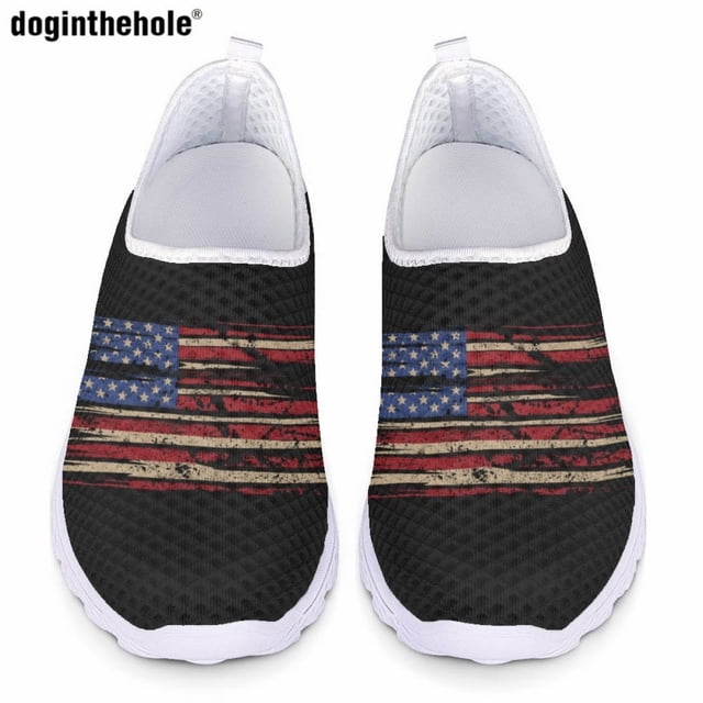 Zapatos casuales con estampado de bandera estadounidense y arte de moda de Doginthehole para damas, zapatos planos de moda, zapatos cómodos para caminar al aire libre