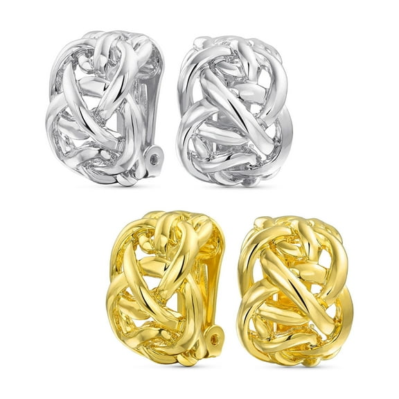 Bling Jewelry Womens Open Criss Cross Knot Weave Half Hoop Clip On Earrings 14K Gold Plated Rhodium (Set of 2)