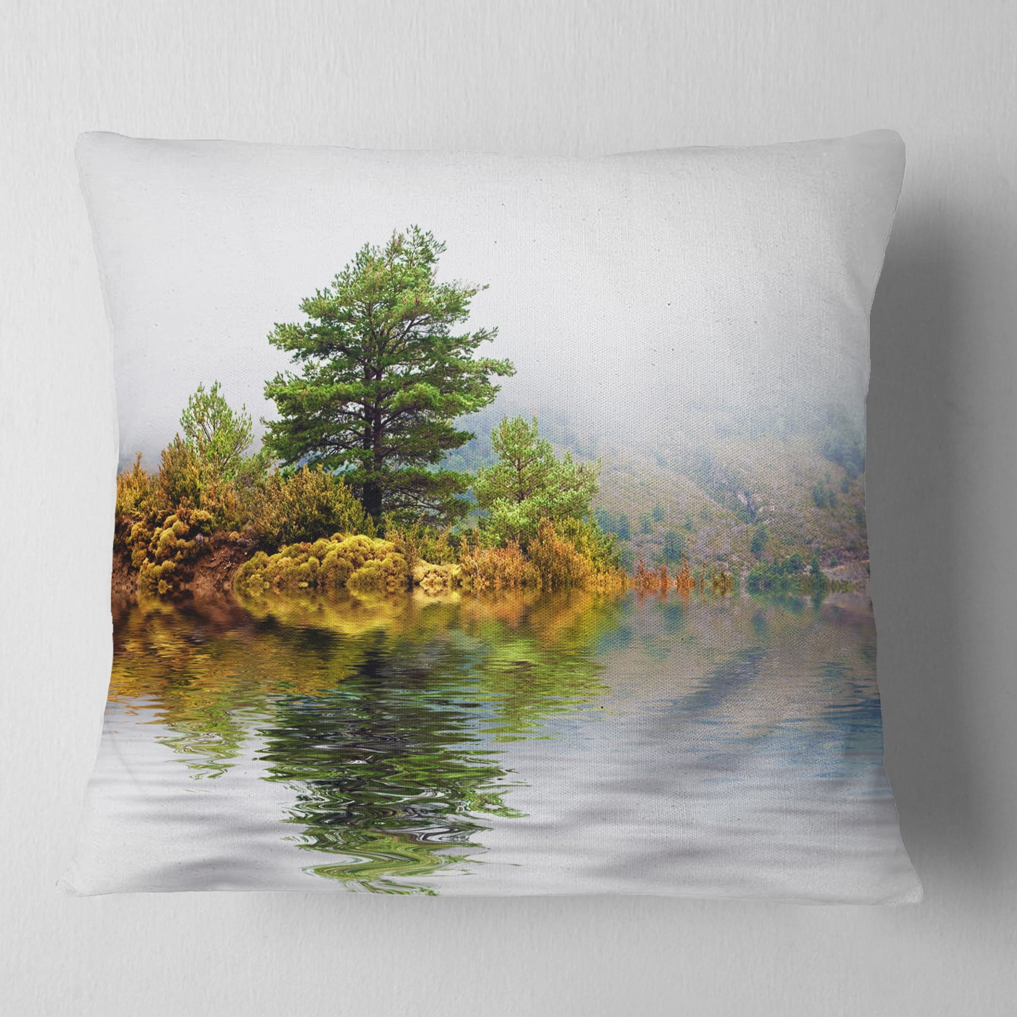 Designart Pine Tree with Reflection - Landscape Photography Throw Pillow - 16x16