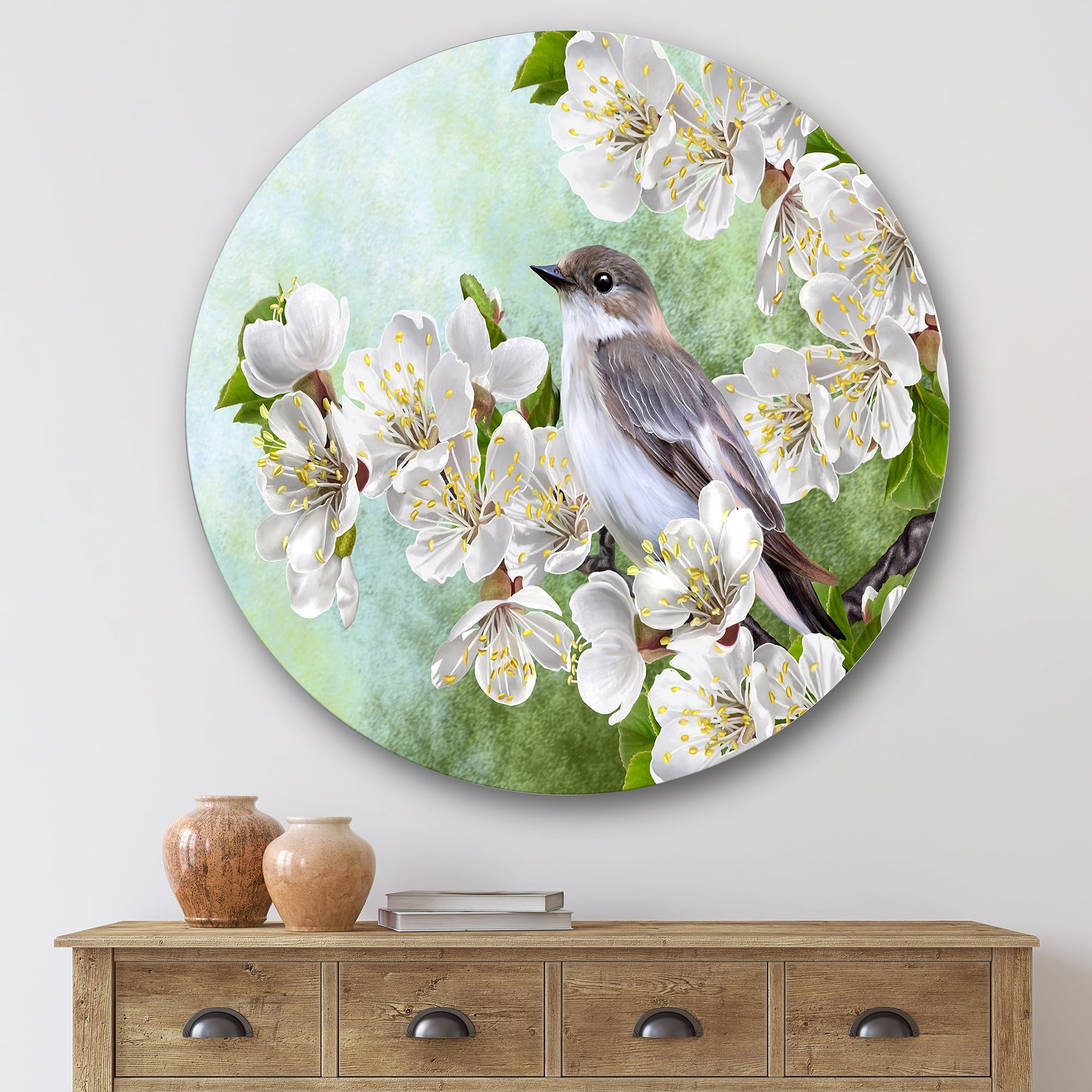 Designart 'Gray Bird Sitting On A Branch of A Blossoming Tree' Traditional Circle Metal Wall Art 29x29 - Disc of 29