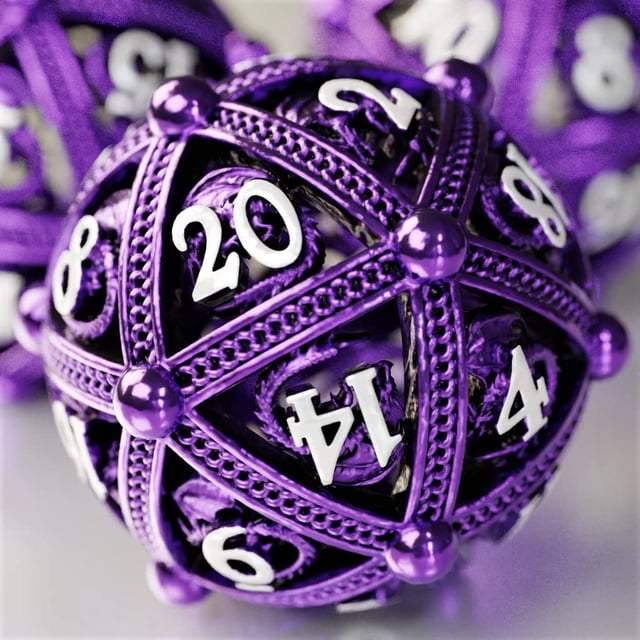 Ensemble de dés en Métal DND - Design Unique d'Orbe Rond Creux pour un Meilleur Roulement - Magnifique Ensemble de Dragons pour Jeux de Rôle (RPG) - Éblouissants dés D&D Dungeons et Dragons (Violet)