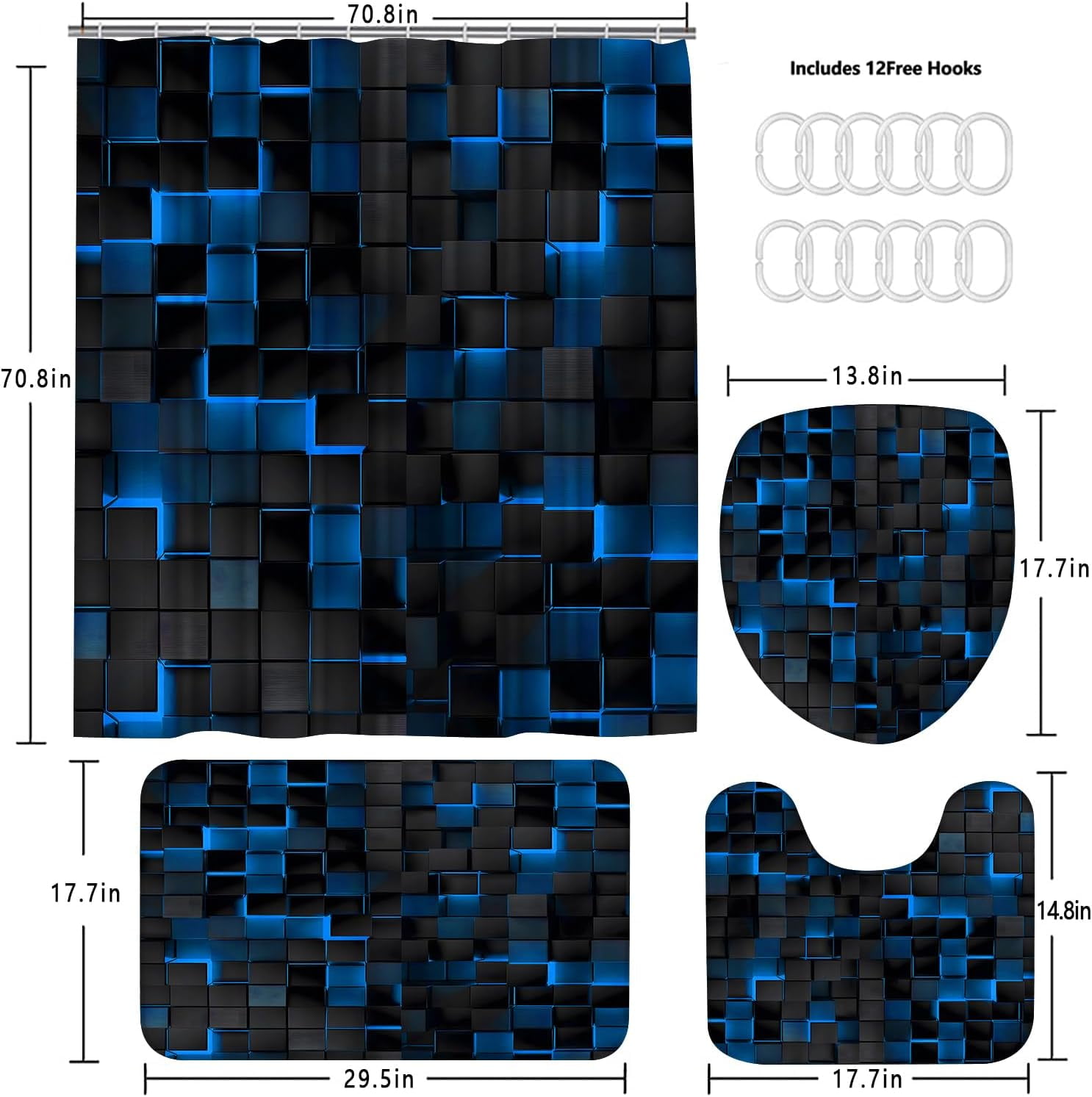 4Pcs Blue Shower Curtain Set 3D Cubes Bathroom Sets Modern Shower Curtain Set for Bathroom Sets with Rugs Black and Blue Shower Curtain with 12 Hooks