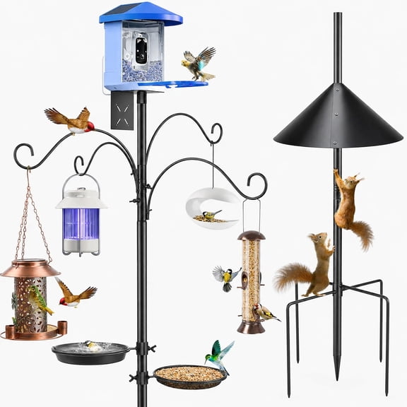 Teblint 92" Bird Feeding Station, Heavy Duty Bird Feeder Pole Bird House Stand Mount Kit with Squirrel Proof Baffle 4 Shepherds Hooks, Adjustable Feeder Stand for Outdoor Wild Birds Watching