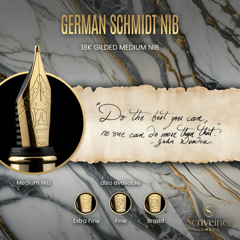 Scriveiner Luxury Fountain Pen - Stunning Gold Pen, 24K Gold Finish,  Schmidt 18K Gilded Nib (Medium), Converter, Best Pen Gift Set for Men &  Women