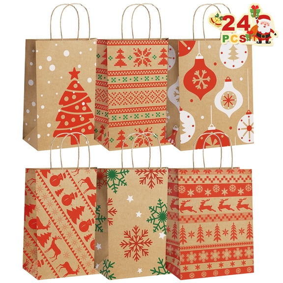 BagDream 24Pcs Medium Christmas Gift Bags with Handles, 6 Designs 8x4.25x10.5" Christmas Kraft Paper Treat Bags for Christmas, Party Favors and Holiday Decor