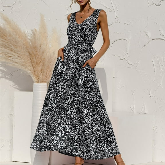 Women Dresses Plus Dresses Printed Sleeveless Printed Frenulum Sexy Fashion Dresses Black Trendy Skirt Size M