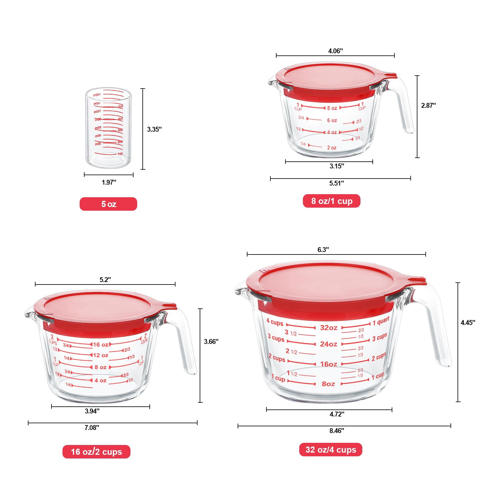4 Piece Glass Measuring Cups Set  5 Oz 1-cup 2-cup 4-cup Liquid With Lids For Kitchen Freezer And Microwave Safe