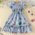 thumbnail image 2 of PINQI Kids Girls Summer Short Sleeve Bubble Sleeve Butterfly Print Dress Casual Smocked Square Neck Long Dresses Midi Summer Dress(1-Blue,4-5 Years), 2 of 4