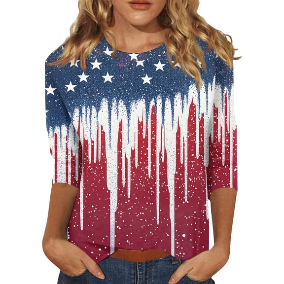 4th of July Shirts for Women Plus Size 3/4 Sleeve Tshirts Casual American Flag Print Pullover USA 250th Anniversary Celebration Party Tops Independence Day Patriotic Crew Neck Blouses Deep Red S