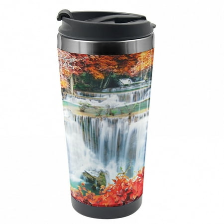 

Waterfall Travel Mug Botanic Fall Forest Steel Thermal Cup 16 oz by Ambesonne