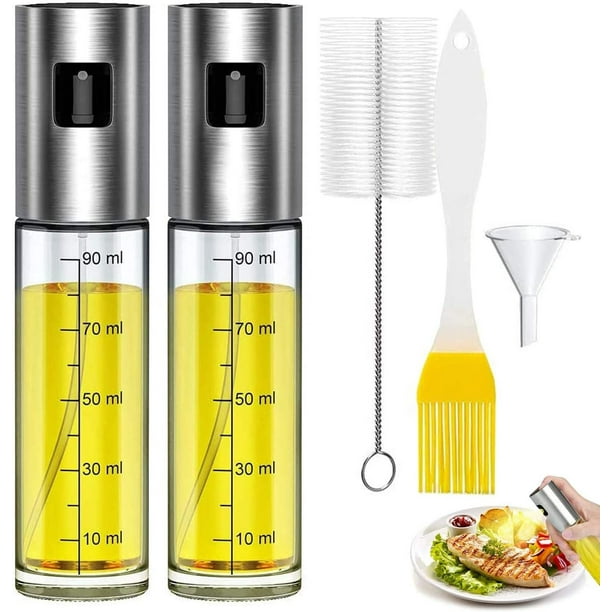 Pack of 2 oil sprayer bottles - glass bottle vinegar dispenser - with scale, with pastry brush, cleaning brush and oil funnel (100ML)