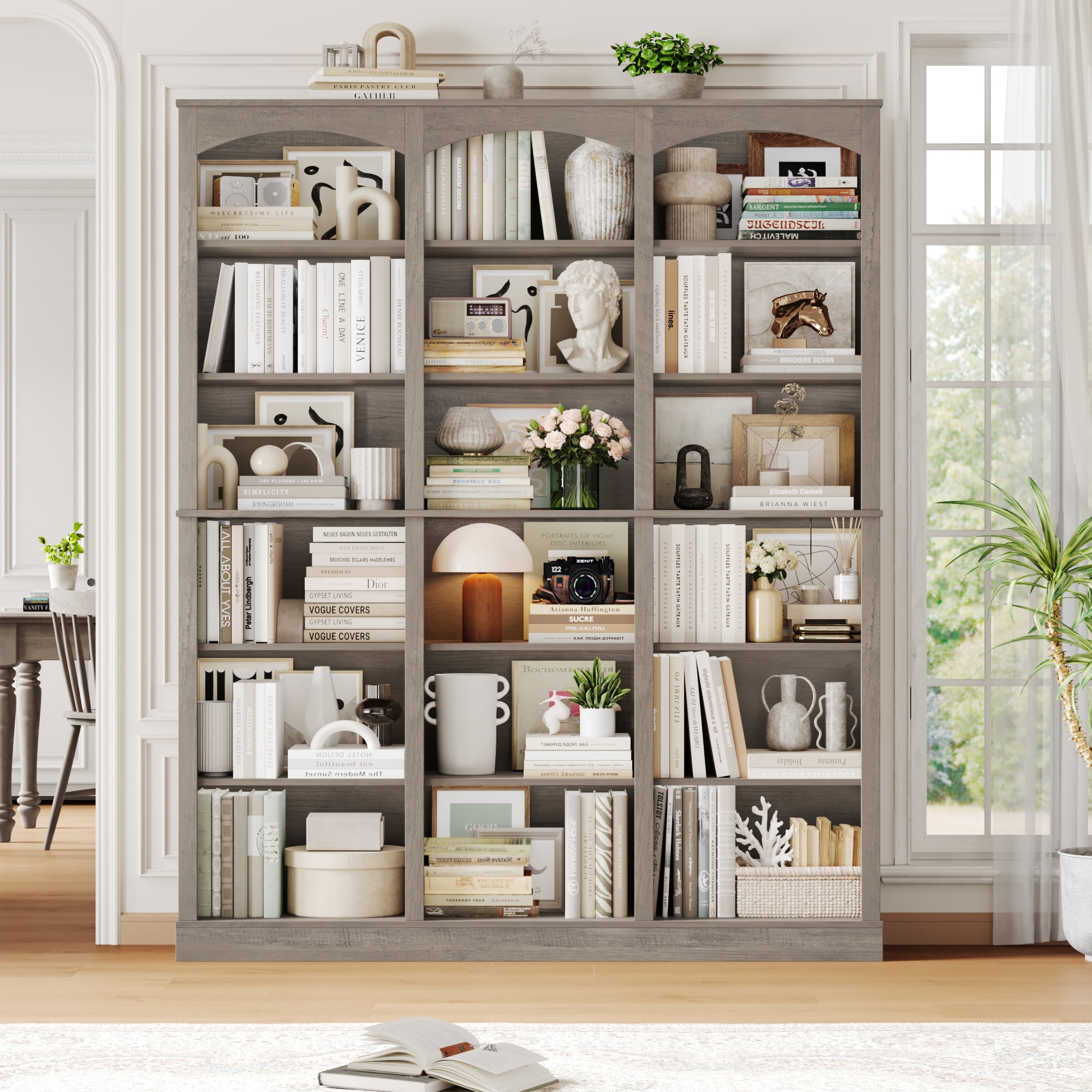 Homfa 18-Cube Bookcase and Bookshelves, 71.2" Triple Width 6 Tier Freestanding Arch Library Cabinet for Home Office Living Room, Wash Gray