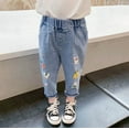 thumbnail image 2 of Toddler Straight Jeans Cute Heart Distressed Bottom Denim Pants Baby Girls Elastic Waist Pull on Jeans with Pockets, 2 of 4