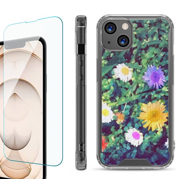 Shockproof Bumper Phone Case for iPhone 13, with Tempered Glass Screen Protector, by OneToughShield ® - Daisy Paint