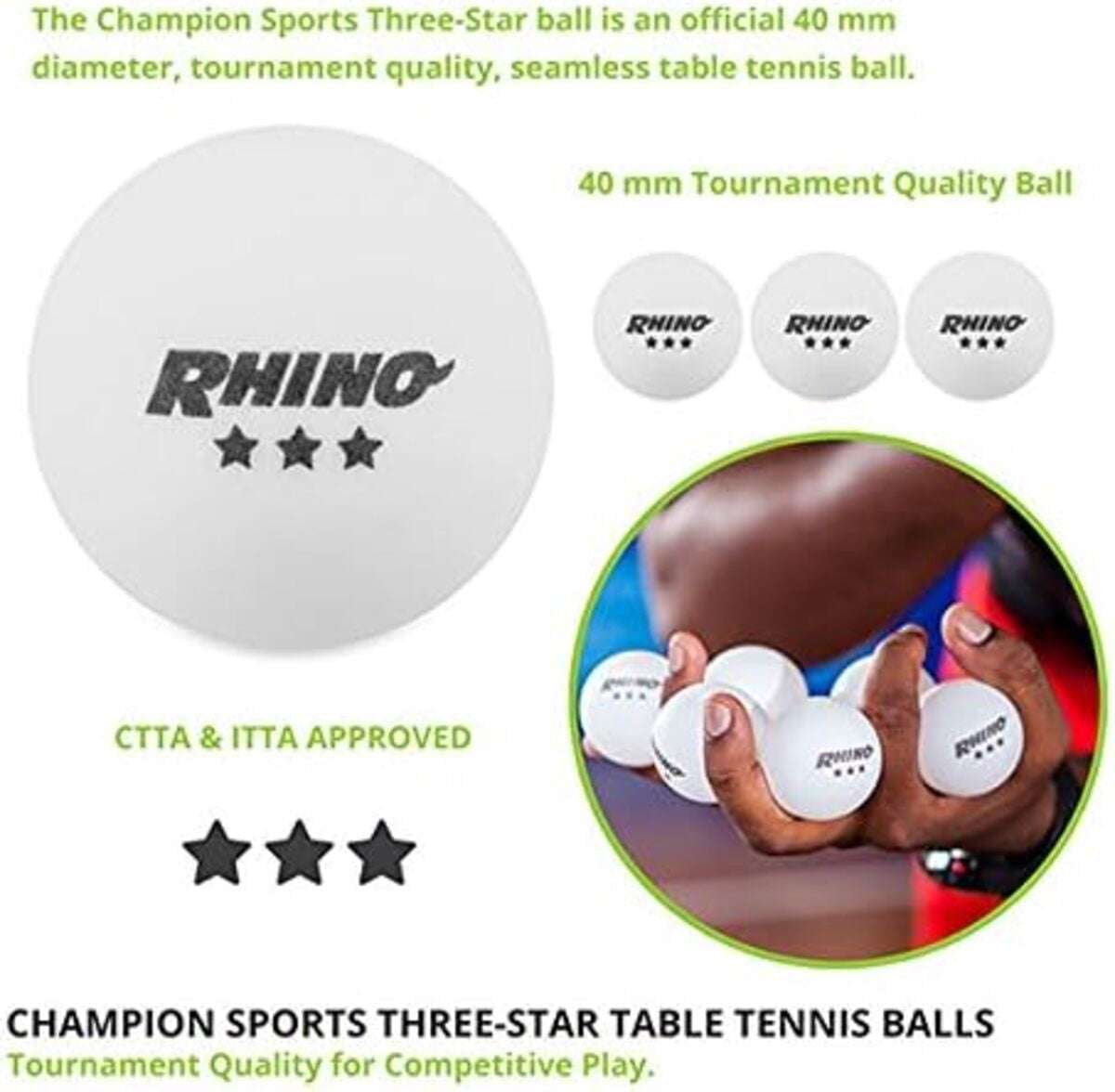 Champion Sports 3 Star Table Tennis Ball Pack, Tournament Grade Equipment, 38 Balls, White Ping Pong Balls, 40mm Seamless Design, CTTA and ITTA Approved