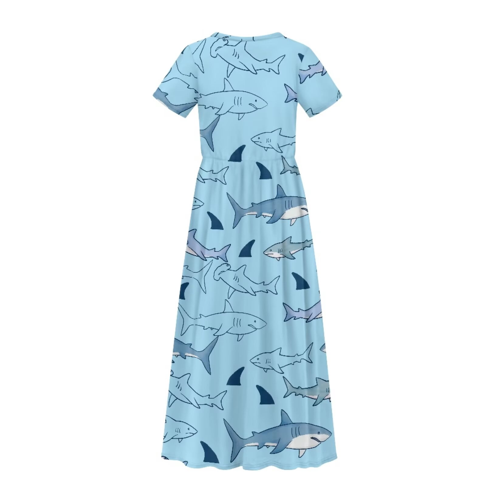 Uourmeti Blue Shark Print Girls Maxi Summer Dress with Pocket Short Sleeve Spring Boho Long Sundress Casual School for Kids, Size 5-6 Years