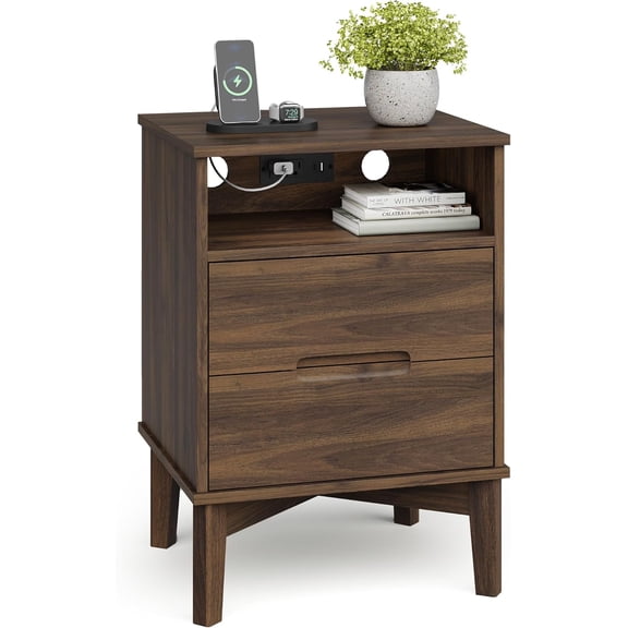 Mid Century Modern Nightstand with Charging Station & USB-C, 26" Tall Bedside Table with 2 Drawers, Solid Wood Legs, Dark Walnut