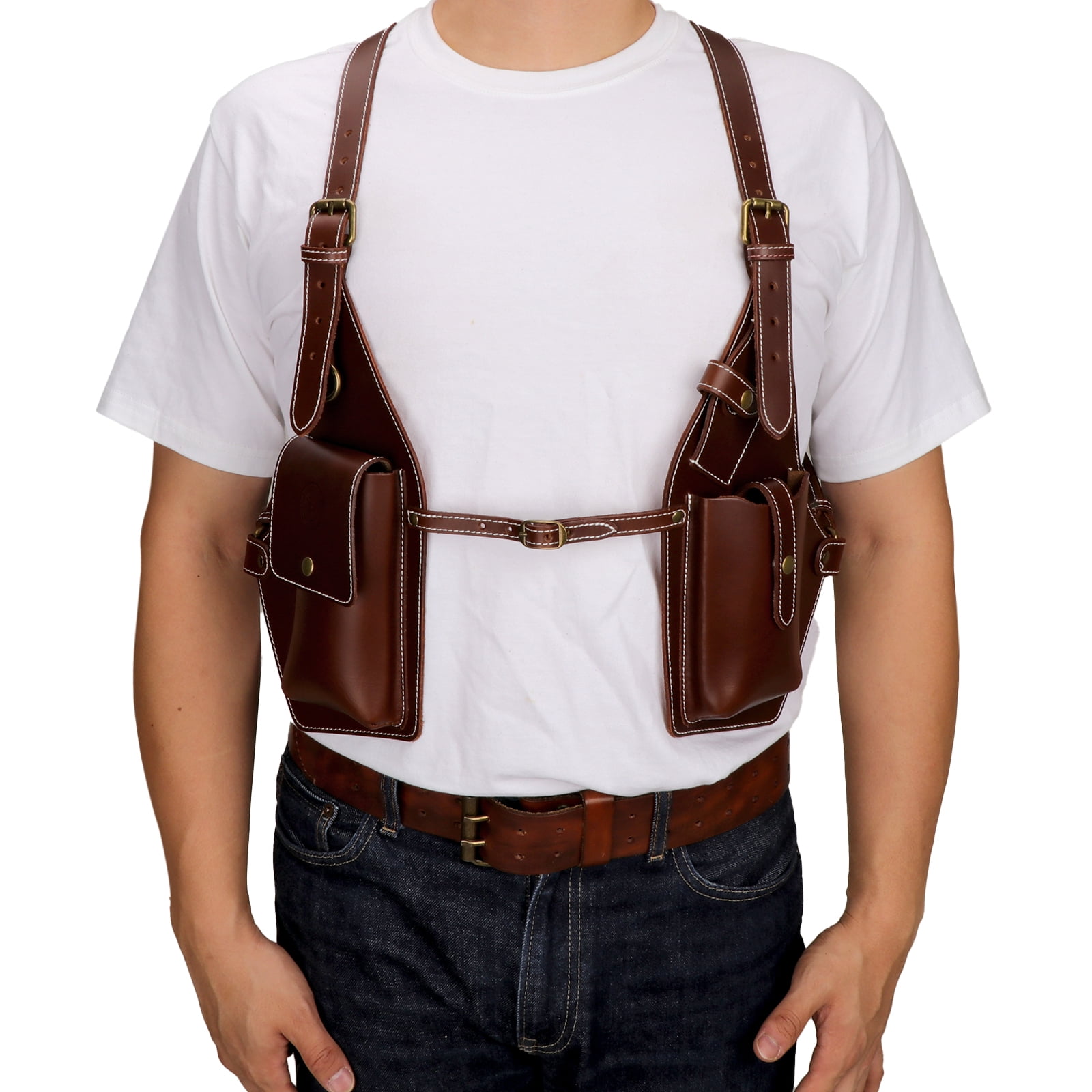 TOURBON Leather Tool Suspenders Bag Vintage Brown Shoulder Strap Tool Pouch for Phone Fully Adjustable