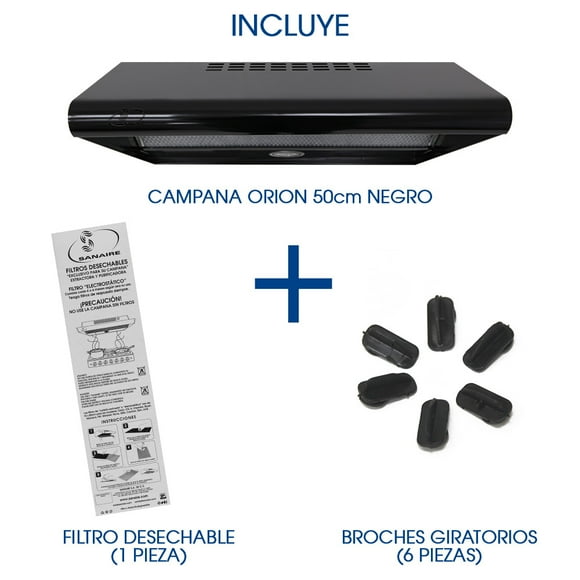 COMBO CAMPANA ORION 50CM NEGRO CON FILTRO ATRAPAGRASA EXTRA Y BOLSITA DE BROCHES DE REPUESTO SANAIRE SANAIRE COMB-ORI50NE-FILDES-BROSTD