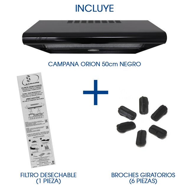COMBO CAMPANA ORION 50CM NEGRO CON FILTRO ATRAPAGRASA EXTRA Y BOLSITA DE BROCHES DE REPUESTO SANAIRE SANAIRE COMB-ORI50NE-FILDES-BROSTD