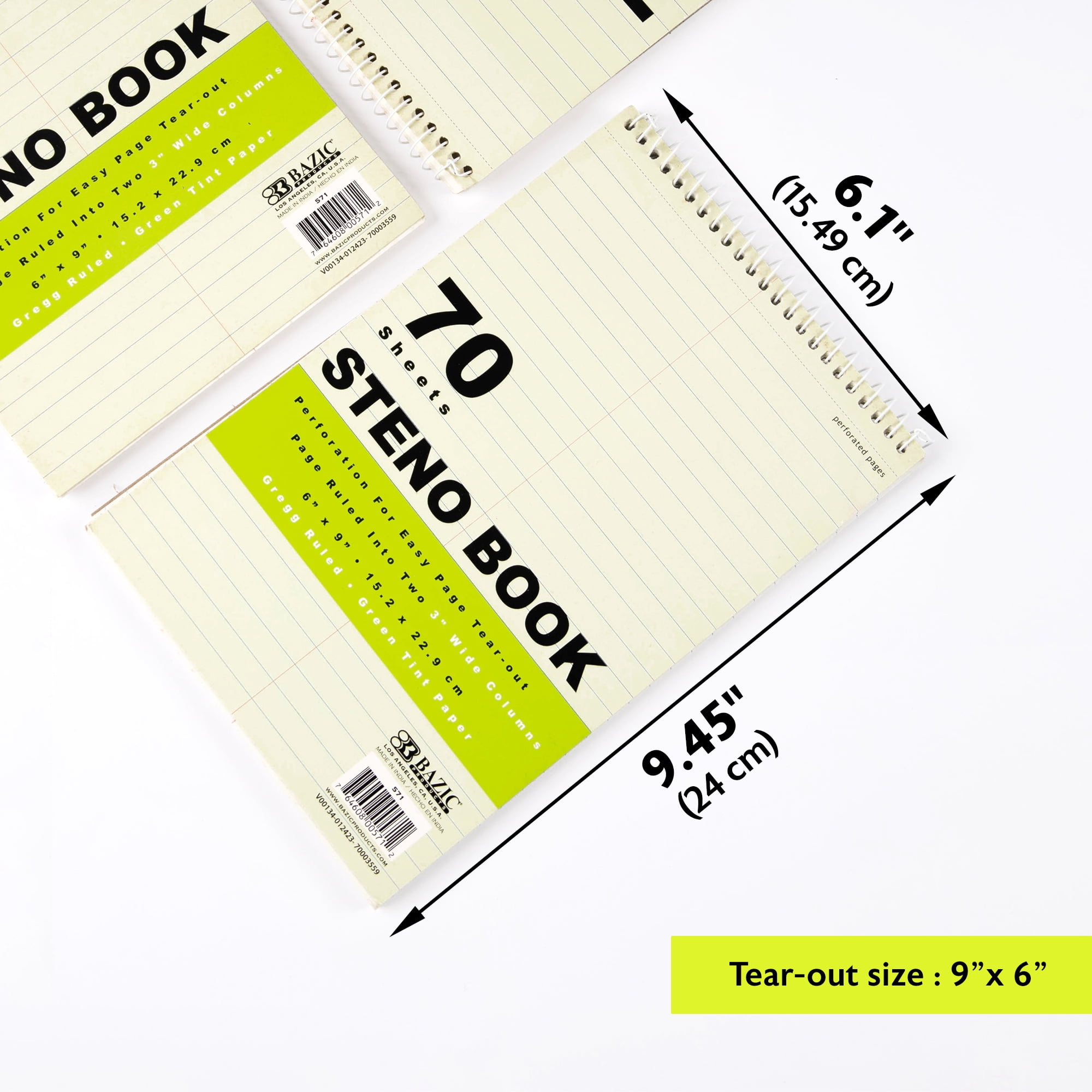 BAZIC Perforated Writing Pad, 80 Sheets 6"x9" Green Tint Gregg Ruled Steno Book, 48-Pack