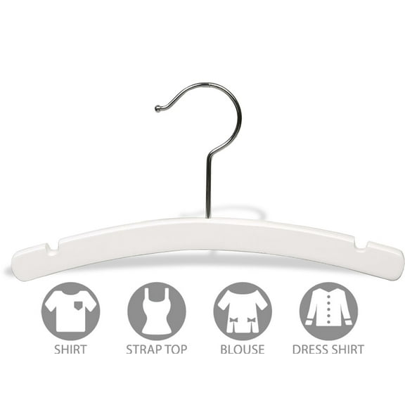 White Rounded Wooden Kid's Hangers- 12" Wood Top Hangers with Swivel Hook and Notches, 25ct