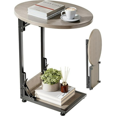 Folding Side Table End Couch Tables,Metal Frame C-Shaped TV Stand for Sofa Living Bedroom Bedside Coffee Small Spaces (Gray)