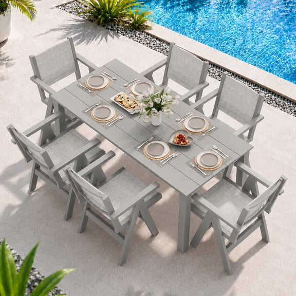 7‑Piece Outdoor Patio Dining Set HDPE Teak‑Grain Table With Umbrella Hole & 6 Textilene Chairs Rust‑Proof Aluminum Hardware All‑Weather Furniture For Backyard Poolside And Deck