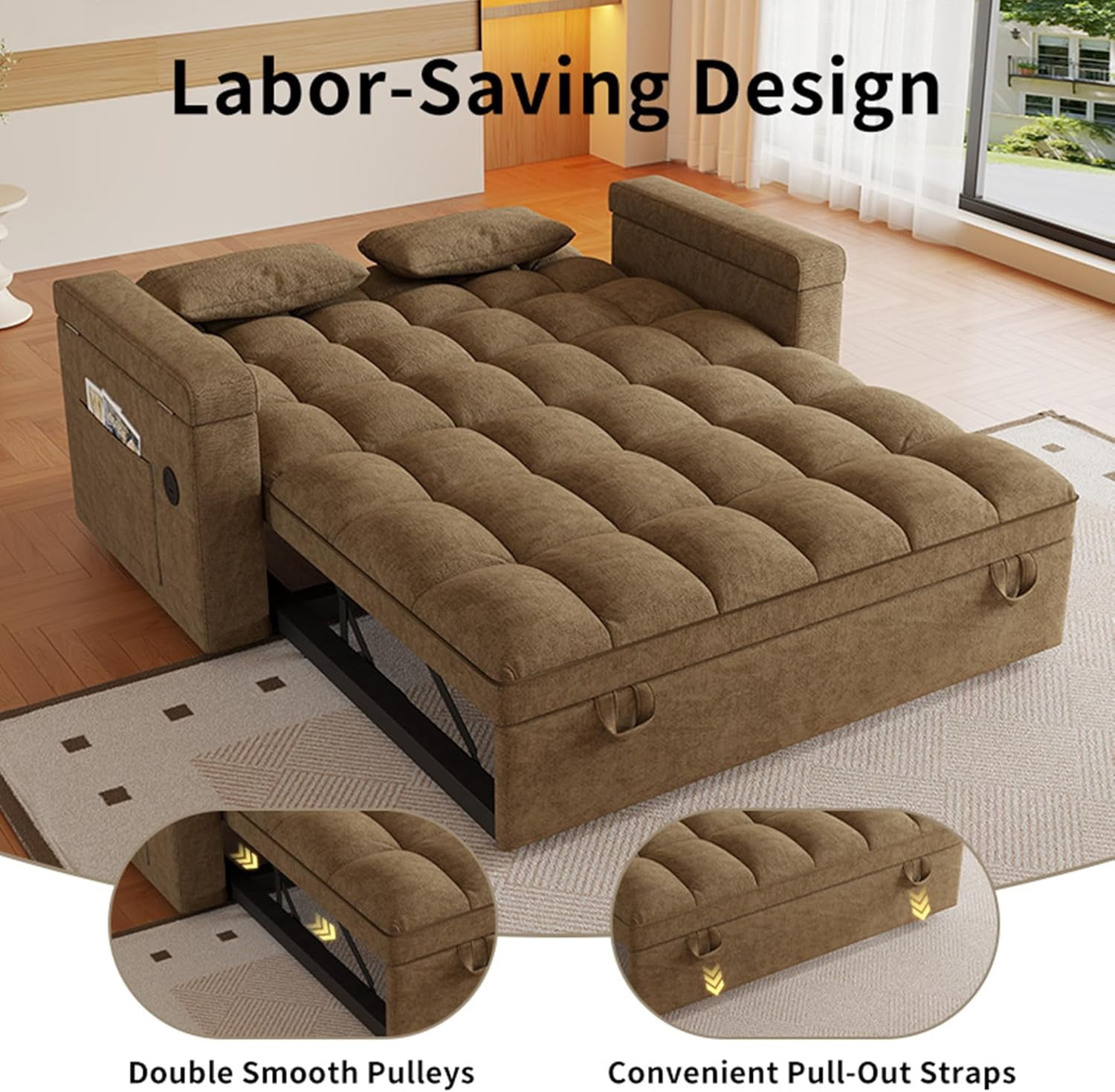 3 in 1 Convertible Sleeper Sofa,Sleeper Couch with Pull Out Bed, Storage Armrests and Laptop Table for Living Room,Sleeper Sofa, Pullout Couch Bed