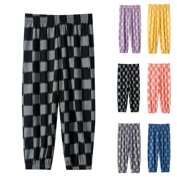 Cethrio Kids Boys Sweatpants Size 10-12 T, Plaid Elastic Waist Summer Cotton Jogger Pants Black