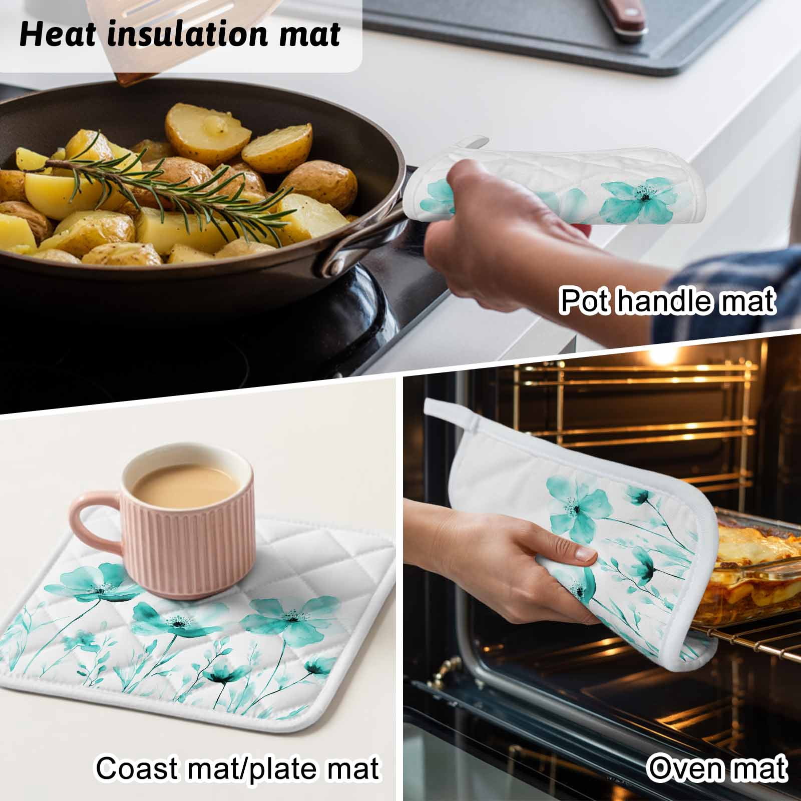 Blue Aqua Flower Pot Holders for Kitchen Heatproof Potholder, 4 Pack White Floral Plant Herb Botanical Hot Pads Multipurpose Oven Pads Cloth Potholders Trivet for Cooking and Baking