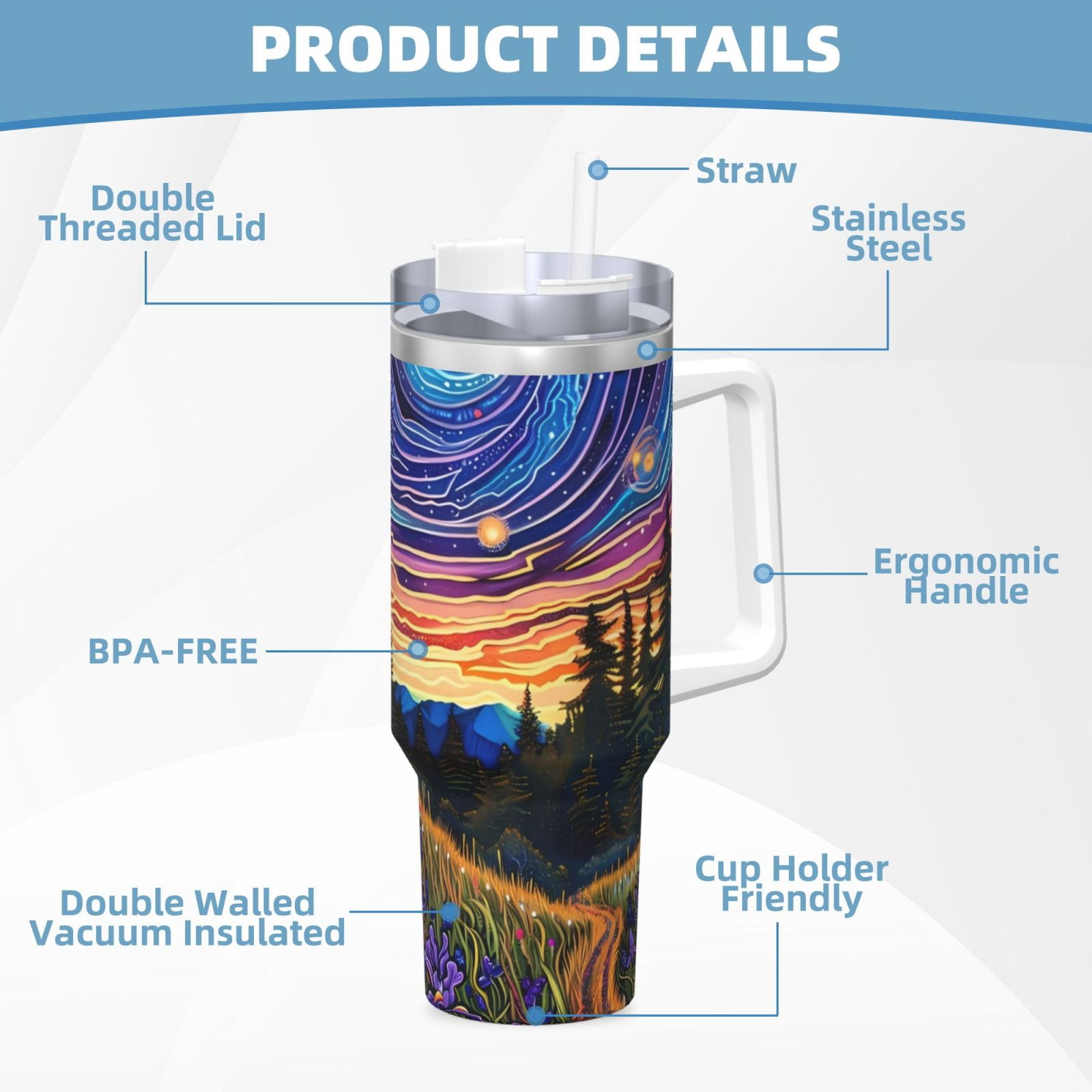 Vsdgher Galactic Night Over Meadow Pattern 40 oz Tumbler with Handle and Straw Lid | Insulated Cup Reusable Stainless Steel Water Bottle Travel Mug | Gifts for Women Men Him Her