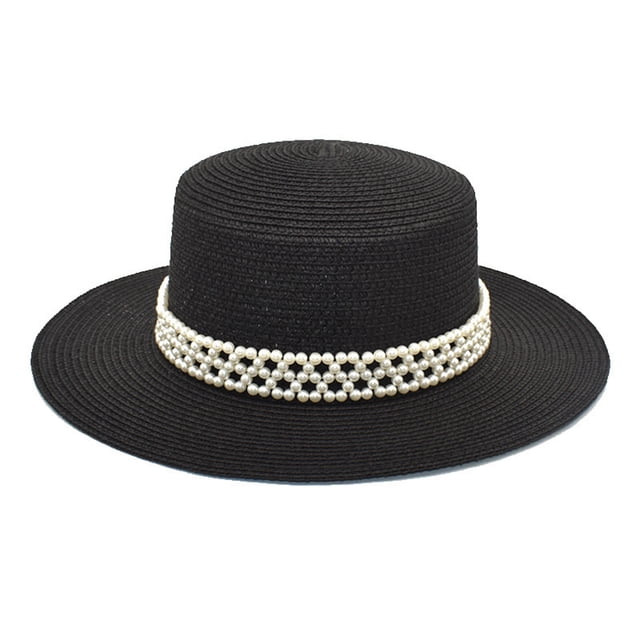 Adults Unisex Retro Western Cowboy Riding Hat Leather Belt Pearl Wide Cap Straw Hat