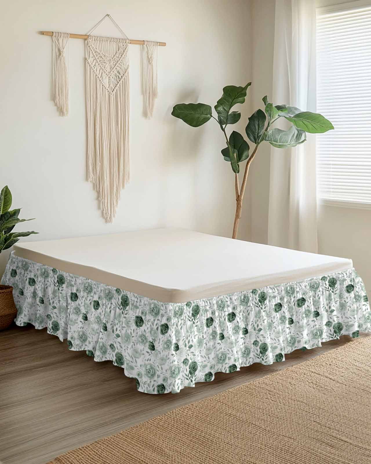 Sage Green Flower Wrap Around Bed Skirts for Queen Bed 16" Drop,Bed Skirt with Adjustable Elastic Belt Dust Ruffle Bed Valance for Bedroom Hotel Vintage Rose Floral Botanical Leaf Bed Frame Cover