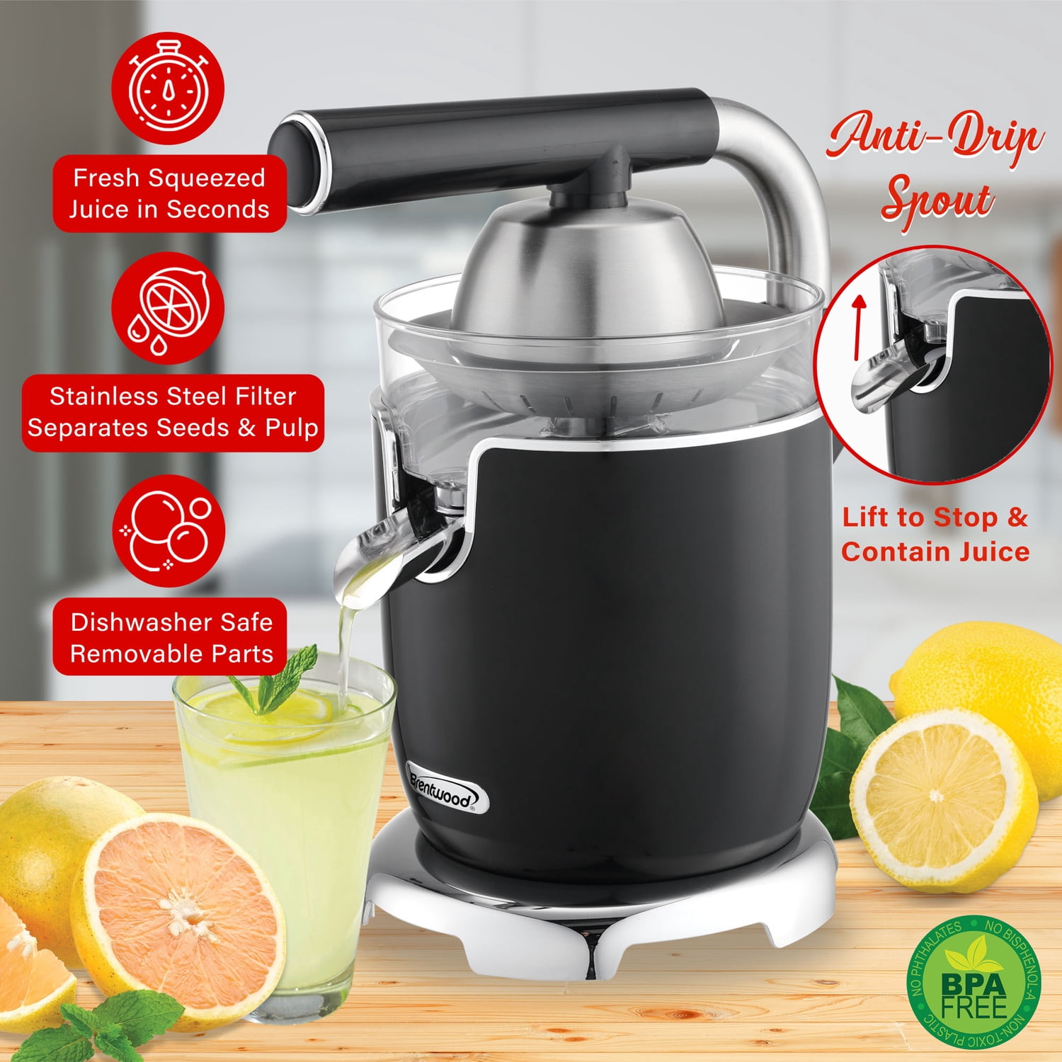 Brentwood 200-Watt 1-Speed Electric Citrus Juicer with 2 Cones and Stainless Steel Lever, Black