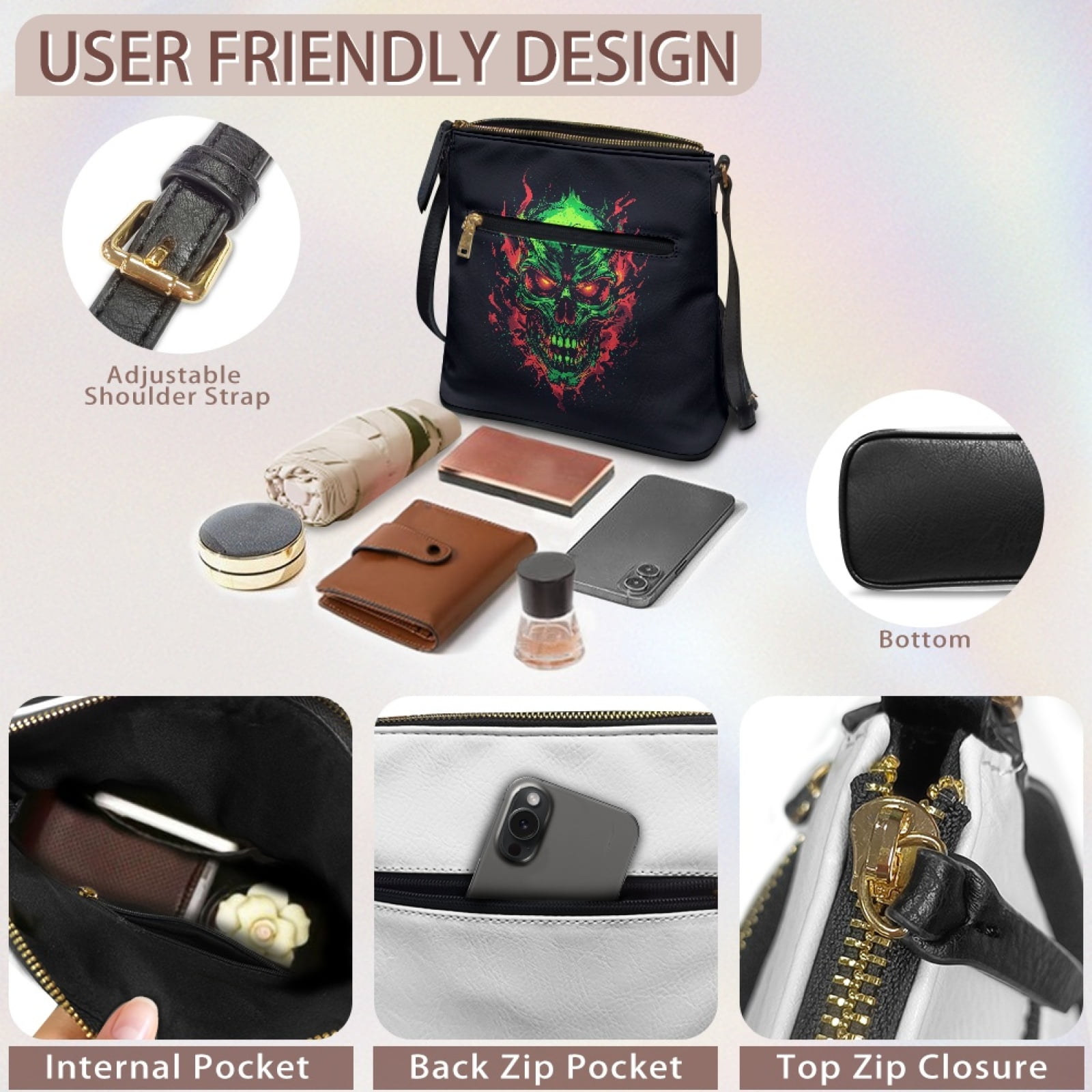 LedBack Skull Print Leather Cross Body Purses Shoulder Bag for Women Satchel Purse Multi Pocket Hobo Bag with Adjustable Strap for Shopping Work, Black