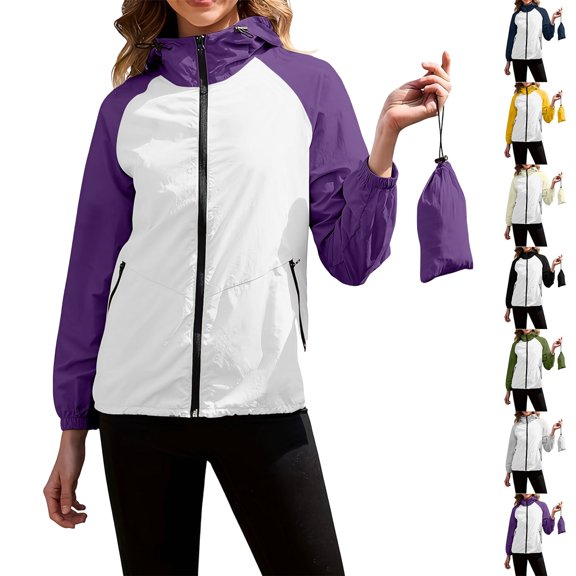 Rain Jacket For Women Waterproof Long-Sleeve Windproof Color-Block Casual Hooded Zip-Up Jacket Water-Repellent Windbreaker Rain Jackets Hooded with Pockets