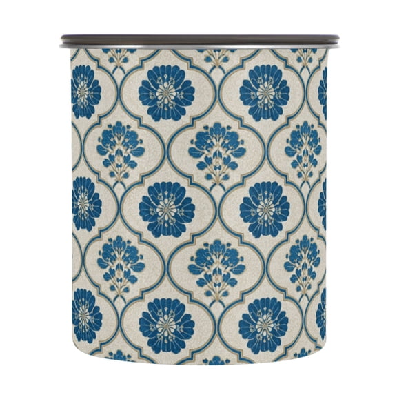 900ml Stainless Steel Food Storage Containers Blue Symmetrical Floral Pattern Airtight Kitchen Canisters with Vacuum Lid for Coffee Tea Flour Sugar Grains
