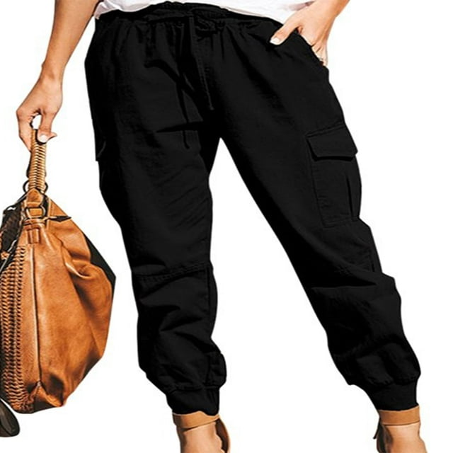 Pantalon Cargo Jogger pour Femmes Taille Haute à Cordon de Serrage avec Poches Coupe Ajustée Randonnée Entraînement Gris