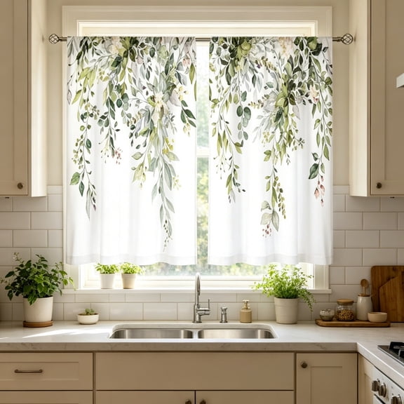 Watercolor Eucalyptus Green Leaf Printed Short Cafe Curtains 2 Panels, Light Filtering Polyester Rod Pocket Window Tier Drapes, Botanical Floral Farmhouse Small Window Curtain
