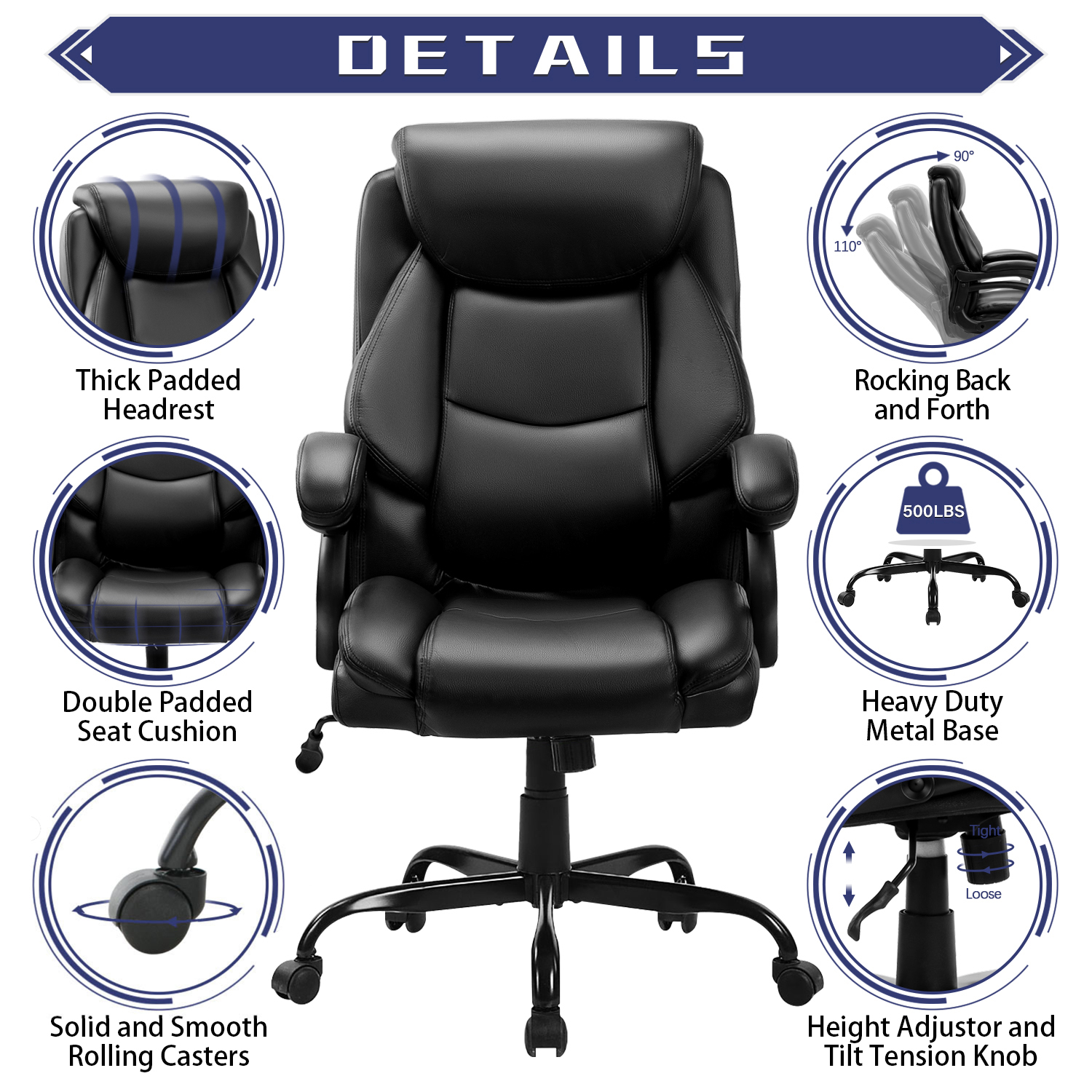 JONPONY  Big and Tall Office Chair 500LBS Wide Seat Ergonomic Computer Desk Chair High Back Executive Leather Chair Adjustable Task Chair Lumbar Back Support 8 Hours Heavy Duty Design,Black - image 2 of 7